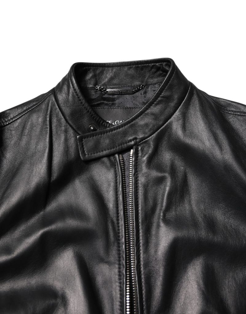 Veste motard en cuir d'agneau noir à fermeture éclair intégrale de Dolce & Gabbana
