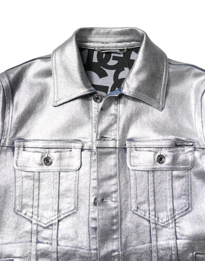 Dolce & Gabbana Silver Cotton Button Down Denim Biker Jacket