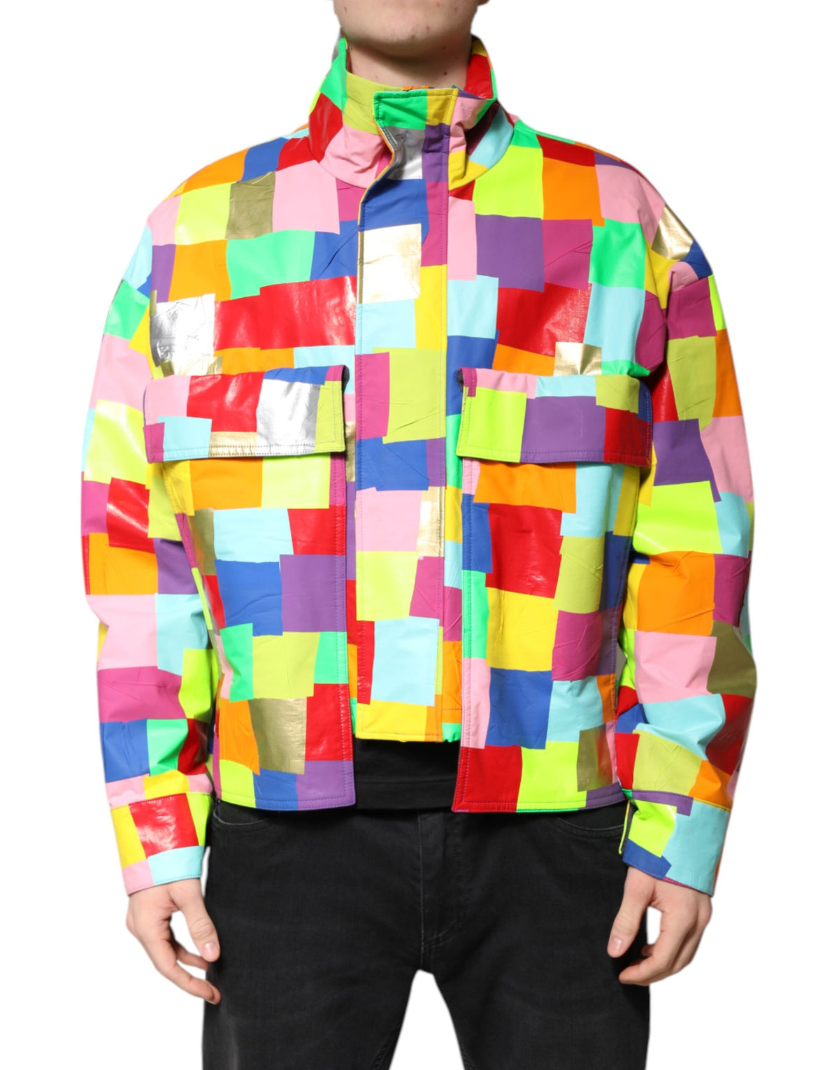 Veste motard à fermeture éclair pour homme en coton multicolore de Dolce & Gabbana