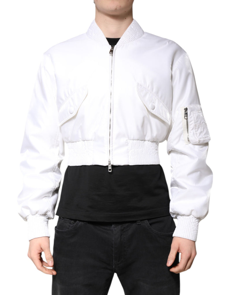 Bomber Jacket Cropped en Nylon Blanc à Fermeture Éclair de Dolce & Gabbana