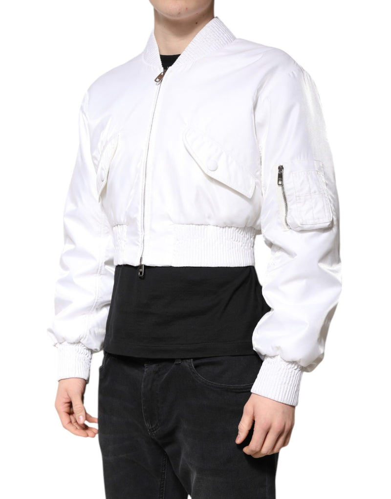 Bomber Jacket Cropped en Nylon Blanc à Fermeture Éclair de Dolce & Gabbana
