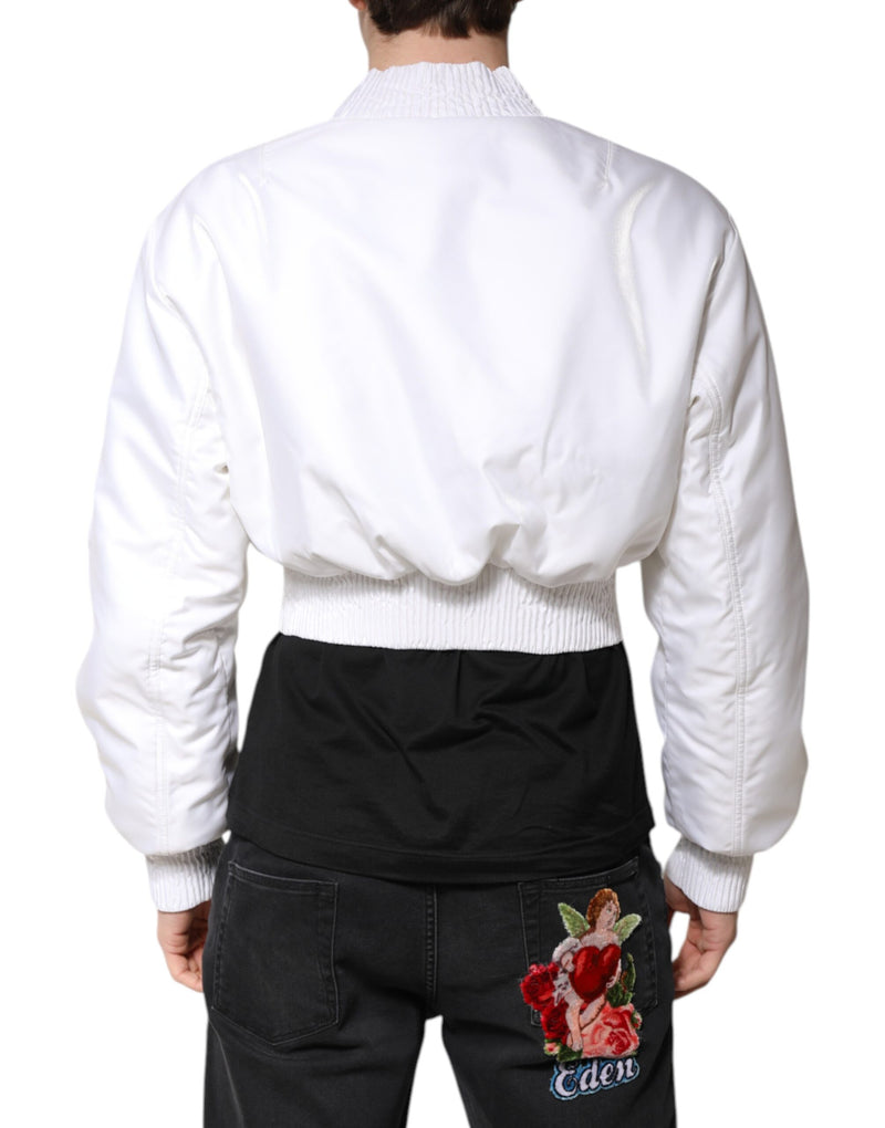 Bomber Jacket Cropped en Nylon Blanc à Fermeture Éclair de Dolce & Gabbana