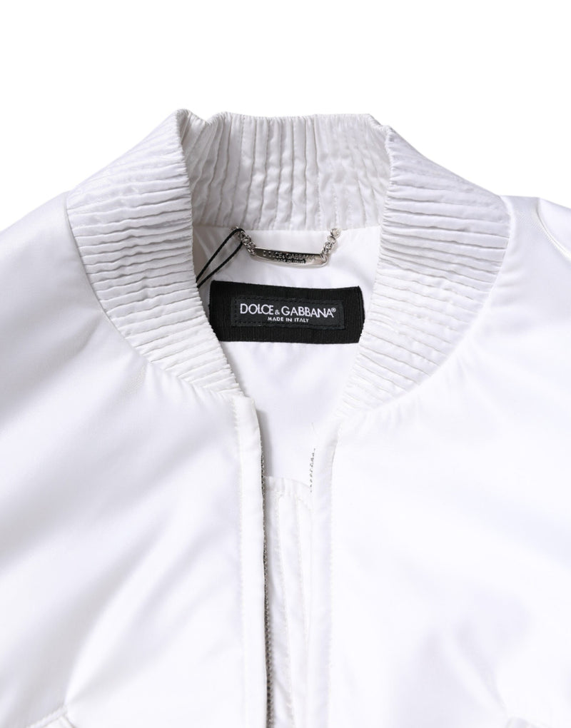 Bomber Jacket Cropped en Nylon Blanc à Fermeture Éclair de Dolce & Gabbana