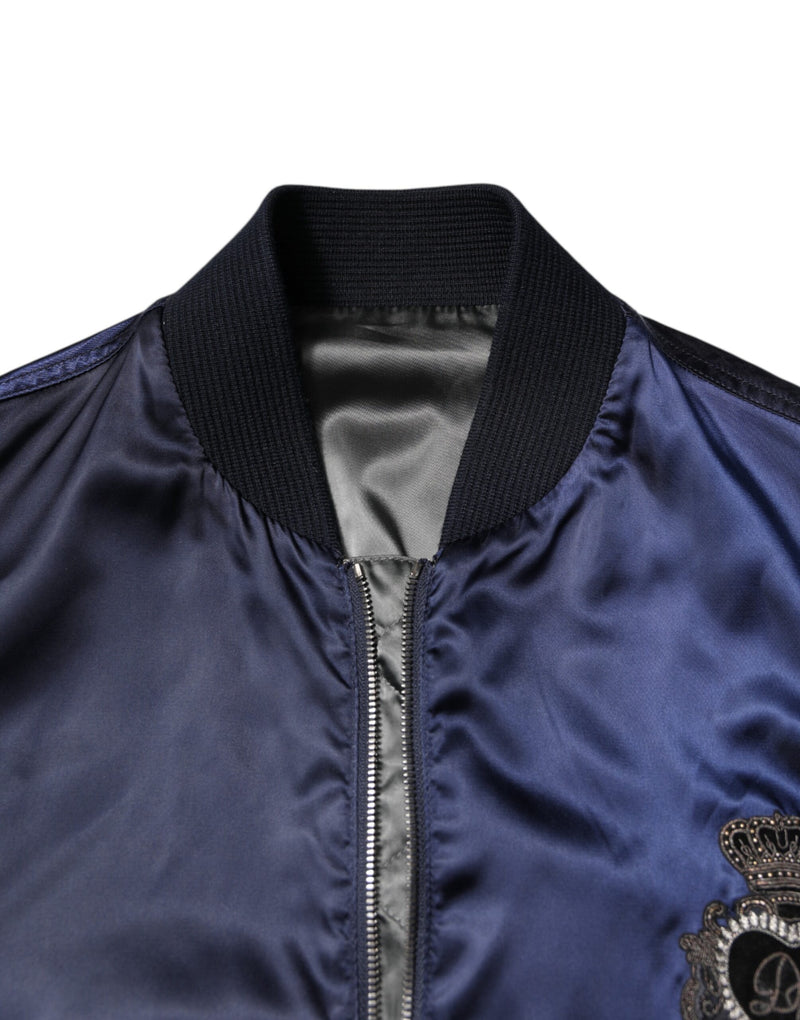 Veste bomber zippée à capuche DG Crown en nylon bleu de Dolce & Gabbana