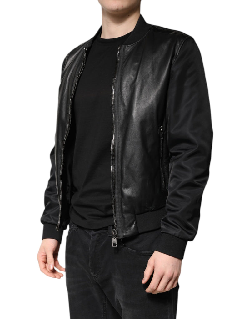 Veste motard en cuir d'agneau noir à fermeture éclair intégrale Dolce & Gabbana