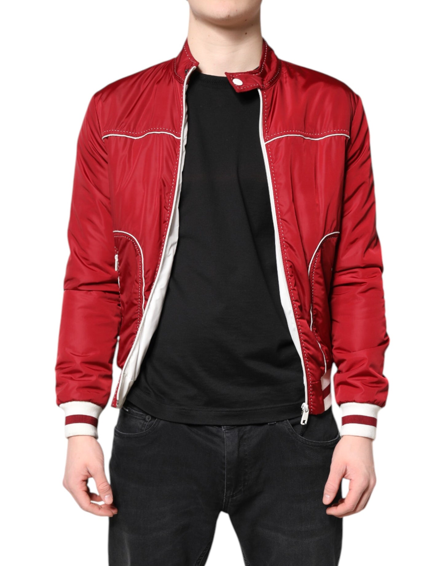 Dolce & Gabbana Red White Nylon Full Zip Men Bomber Jacket