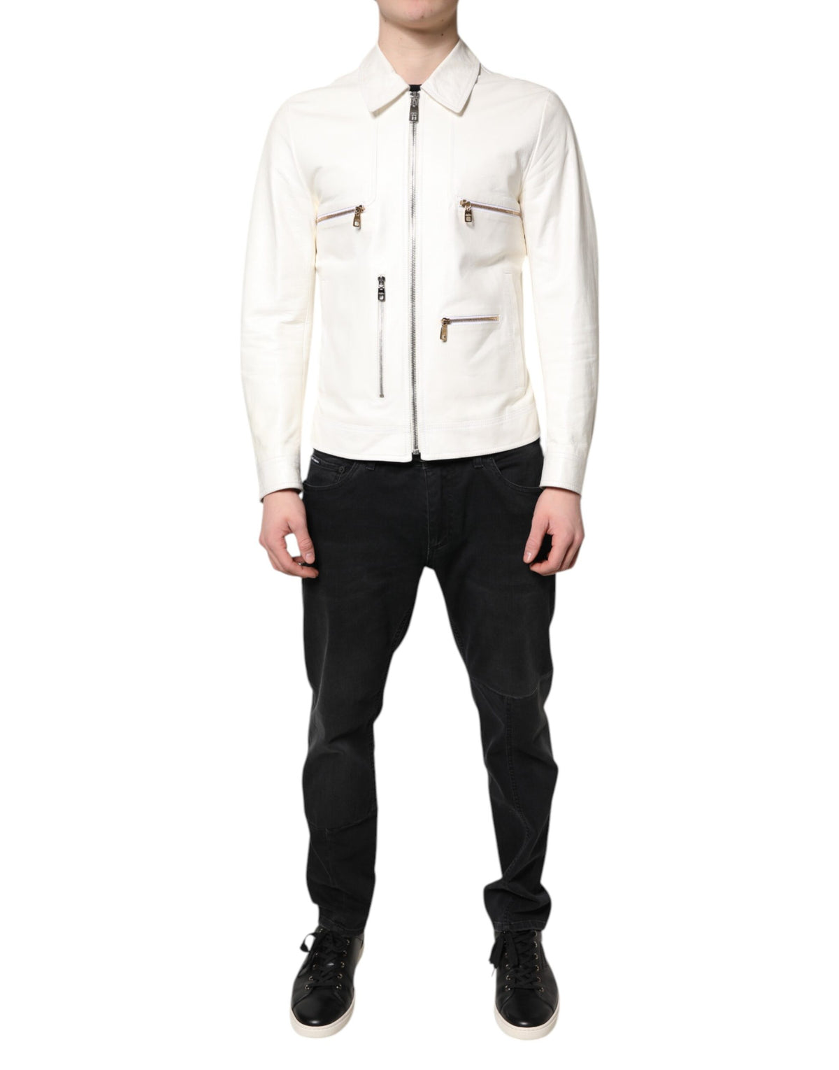 Veste motard à col blanc et fermeture éclair intégrale de Dolce & Gabbana