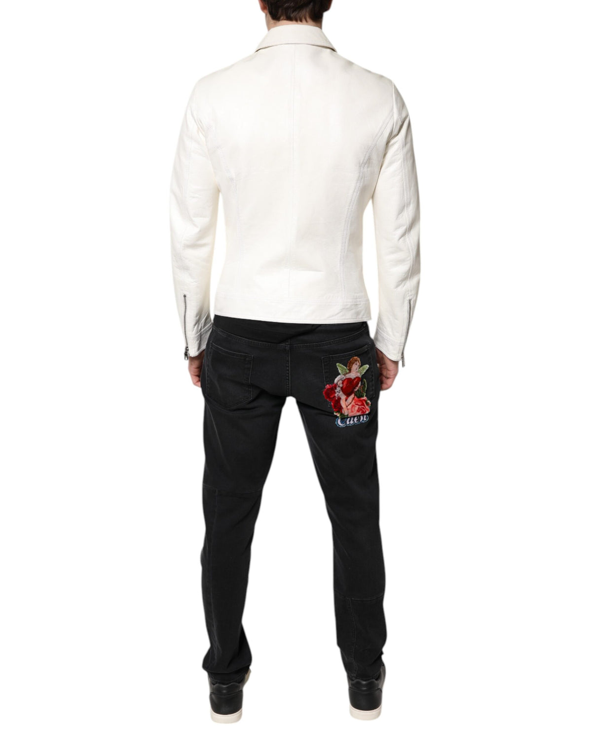 Veste motard à col blanc et fermeture éclair intégrale de Dolce & Gabbana
