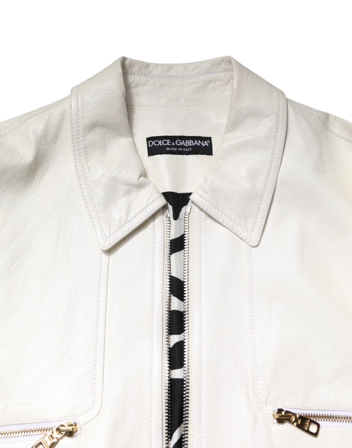 Veste motard à col blanc et fermeture éclair intégrale de Dolce & Gabbana