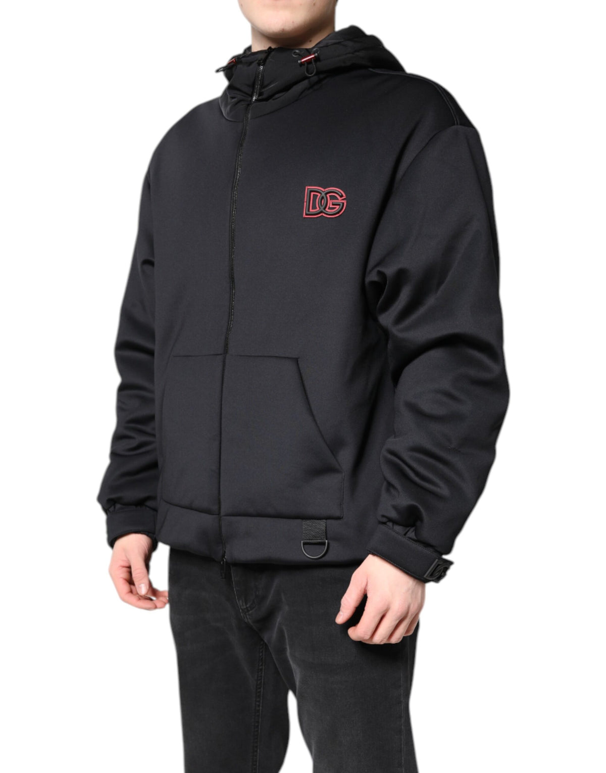Veste à capuche et fermeture éclair intégrale en polyester noir DG de Dolce & Gabbana