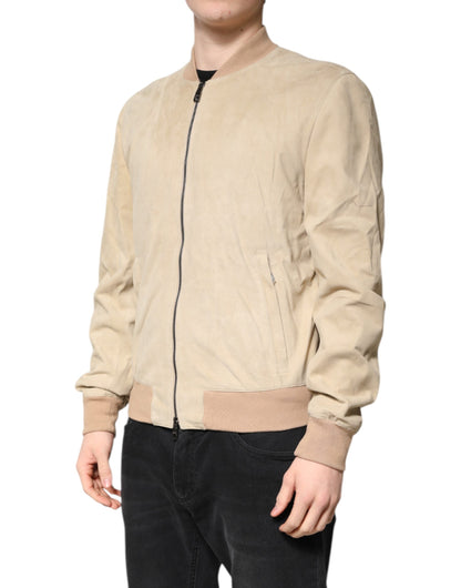 Dolce & Gabbana Beige Lambskin Full Zip Men Bomber Jacket