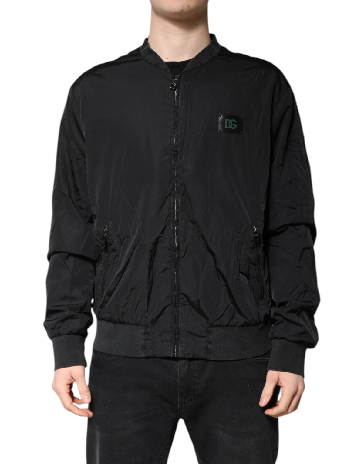 Bomber Jacket à Fermeture Éclair et Logo en Nylon Noir de Dolce & Gabbana