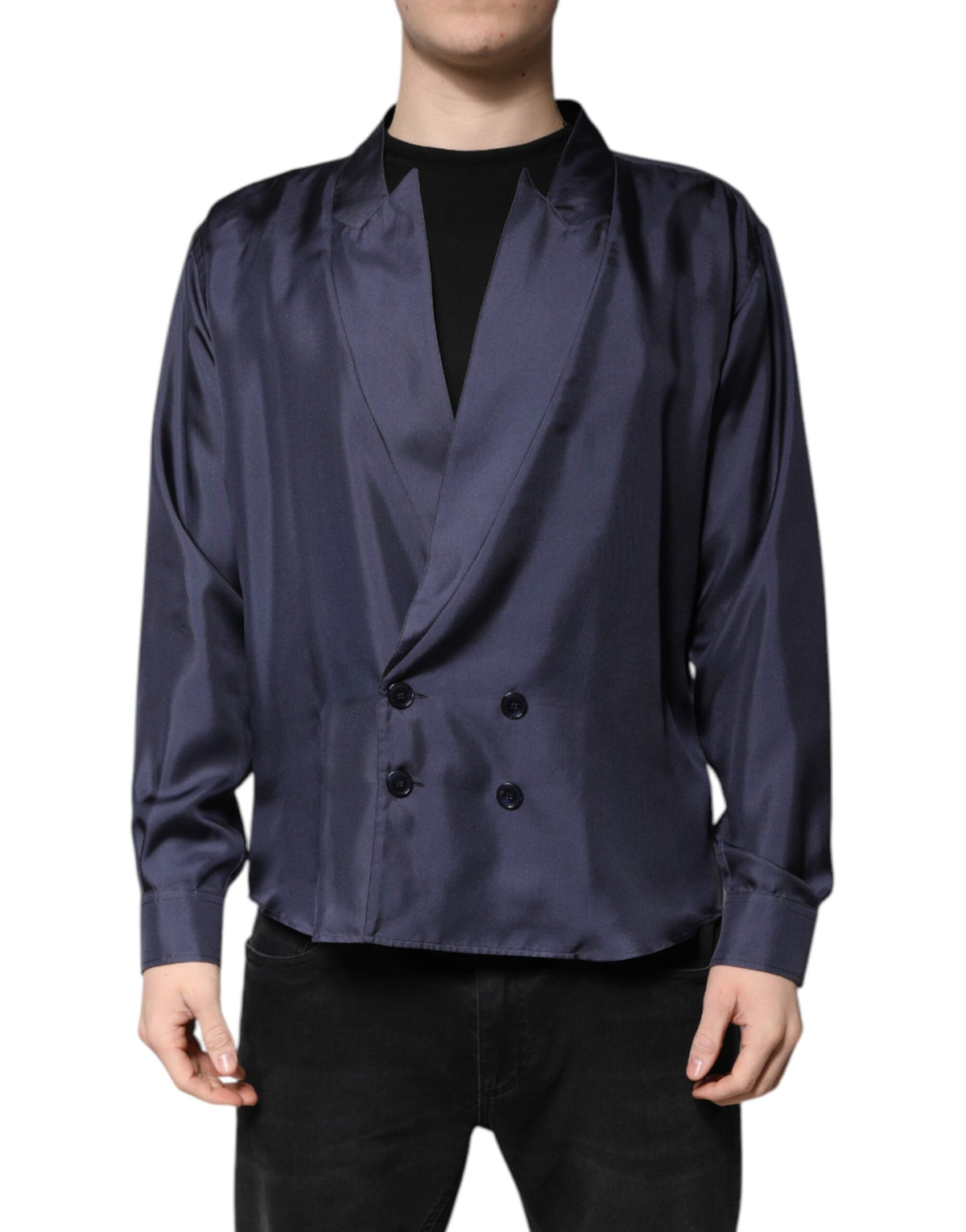 Chemise double boutonnage en soie bleu foncé de Dolce &amp; Gabbana