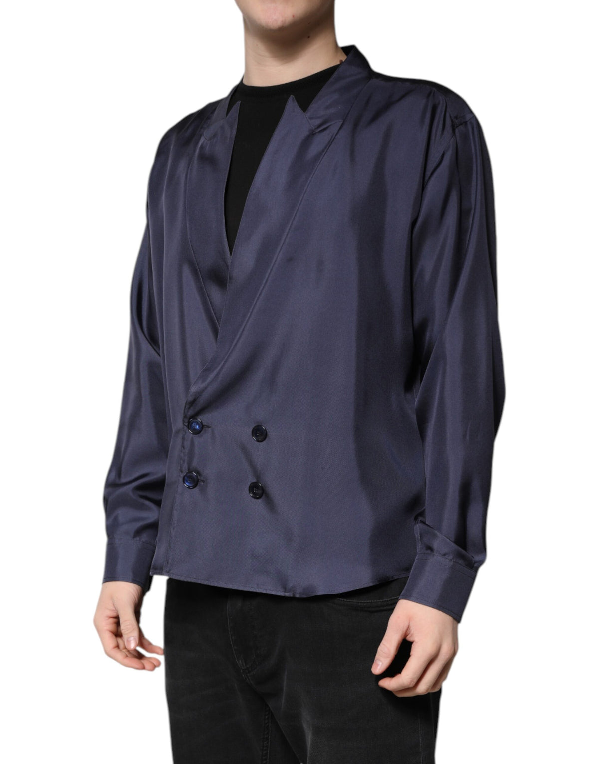 Chemise double boutonnage en soie bleu foncé de Dolce &amp; Gabbana