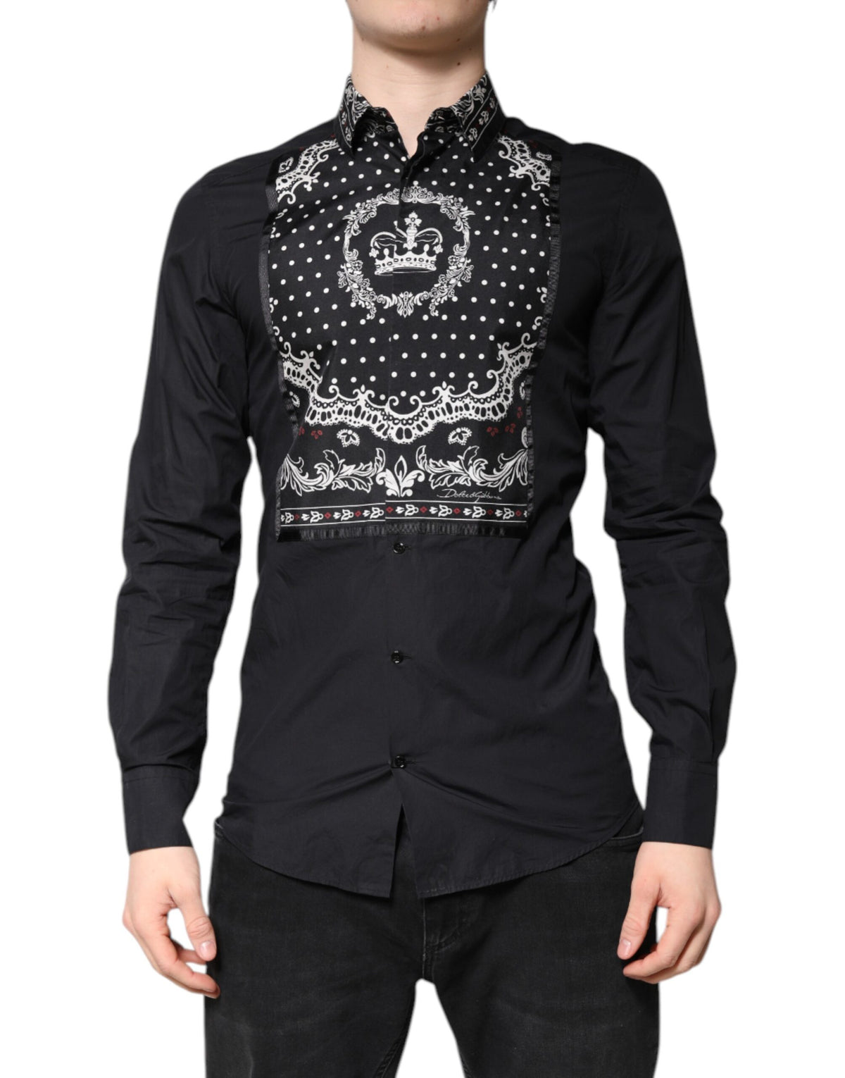 Chemise habillée formelle Dolce &amp; Gabbana à motif bandana noir et blanc, dorée.