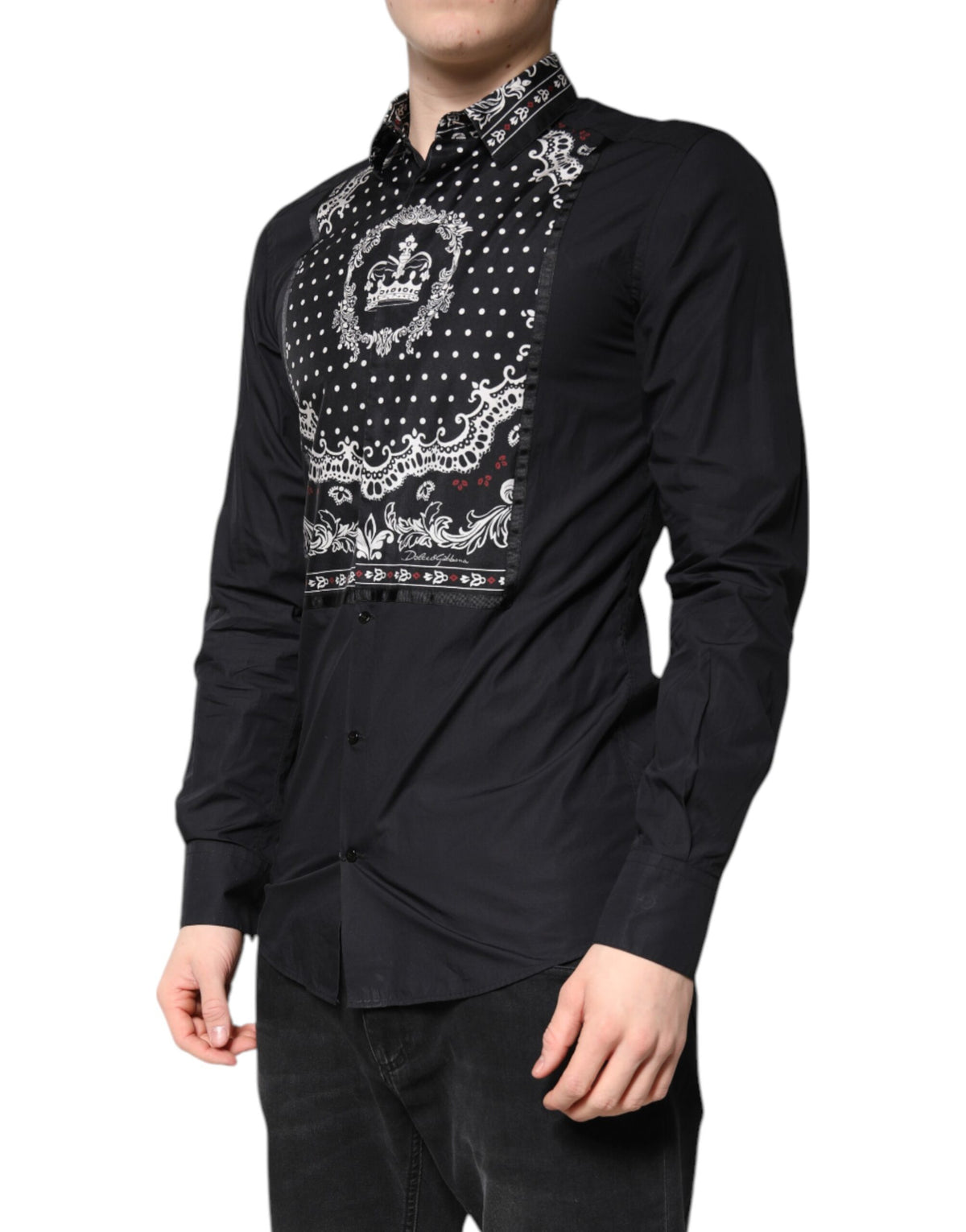Chemise habillée formelle Dolce &amp; Gabbana à motif bandana noir et blanc, dorée.
