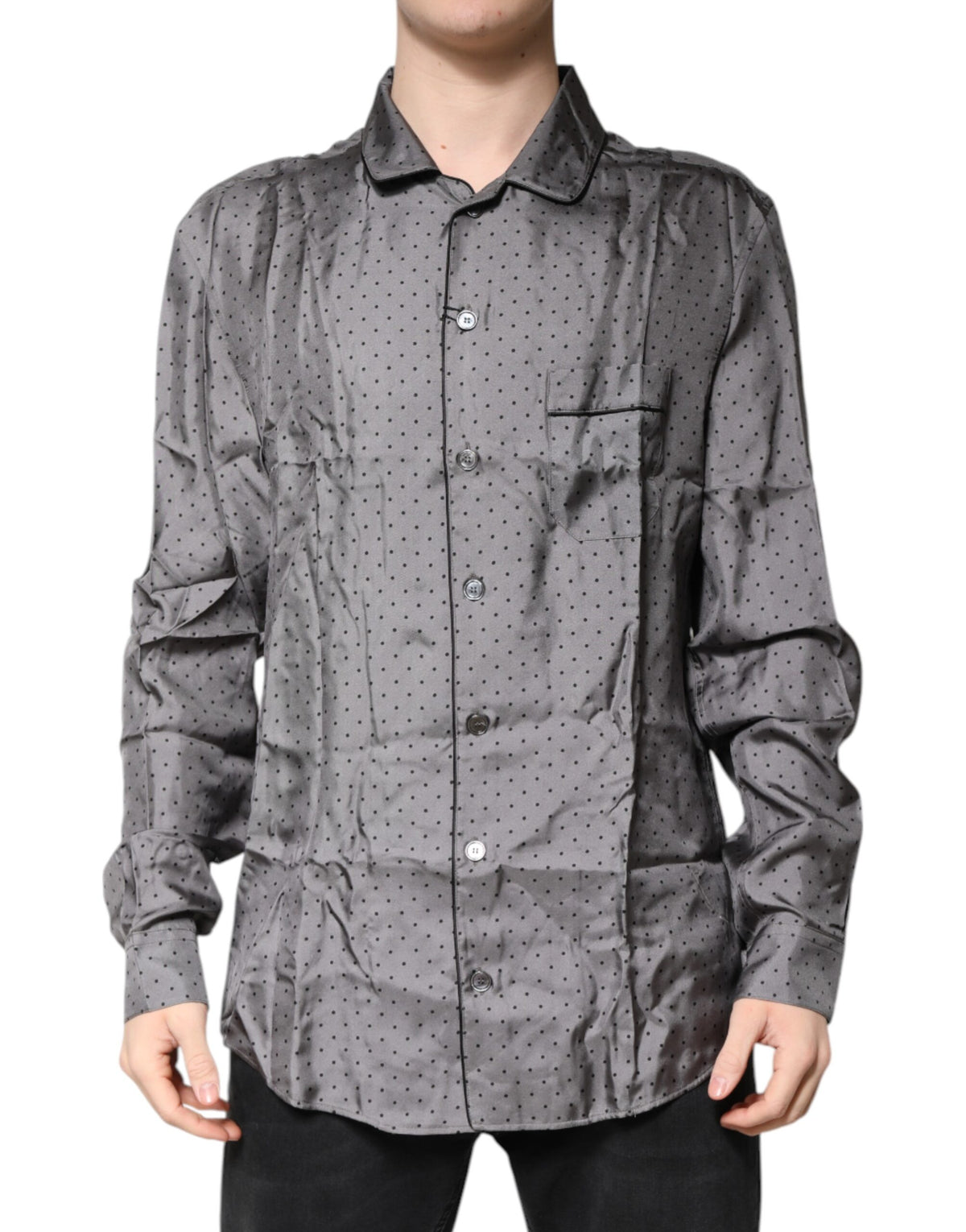 Chemise en soie à manches longues grise à pois de Dolce &amp; Gabbana