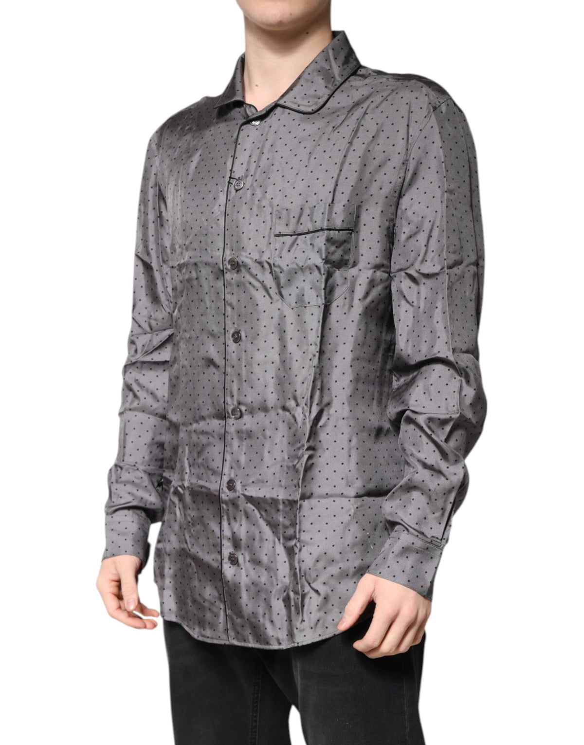Chemise en soie à manches longues grise à pois de Dolce &amp; Gabbana