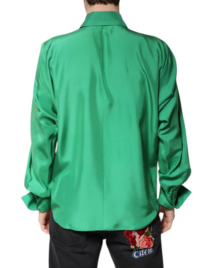 Dolce & Gabbana Green Silk Satin Long Sleeves Casual Shirt