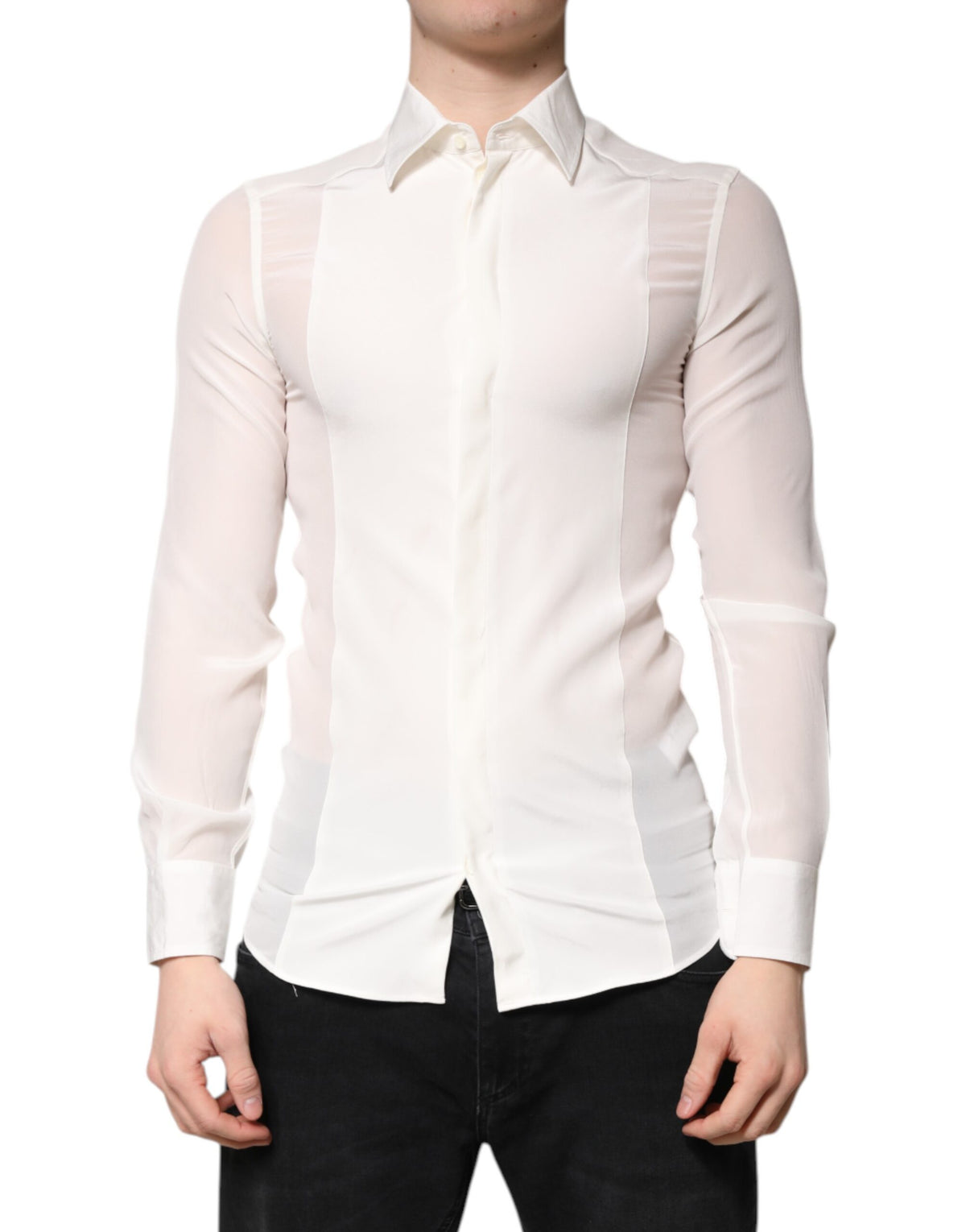 Robe formelle en soie blanche, col boutonné, dorée de Dolce &amp; Gabbana.