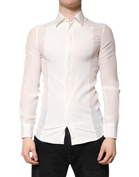 Robe formelle en soie blanche, col boutonné, dorée de Dolce &amp; Gabbana.