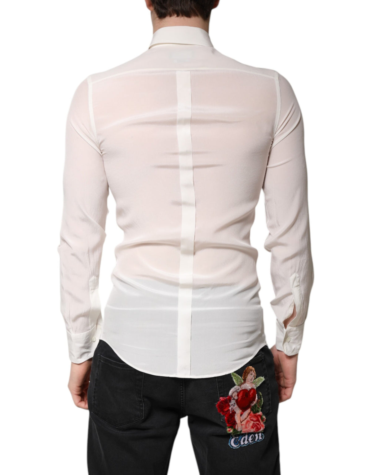 Robe formelle en soie blanche, col boutonné, dorée de Dolce &amp; Gabbana.