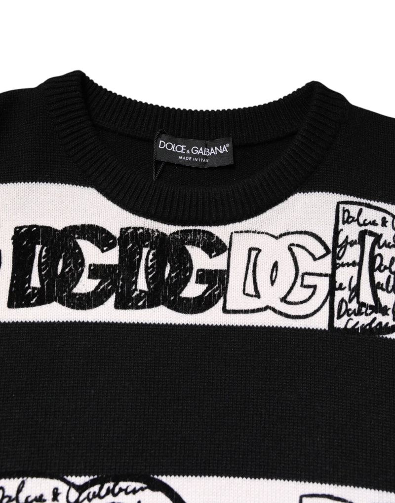 Dolce & Gabbana Black White Logo Print Cashmere Pullover Sweater
