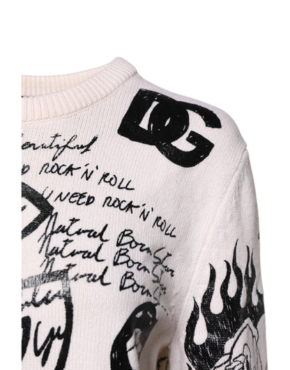 Pull en tricot pour femme Dolce & Gabbana, blanc et noir, imprimé logo.