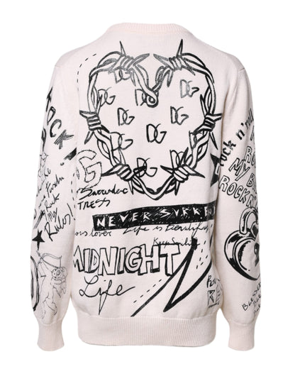 Pull en tricot pour femme Dolce & Gabbana, blanc et noir, imprimé logo.