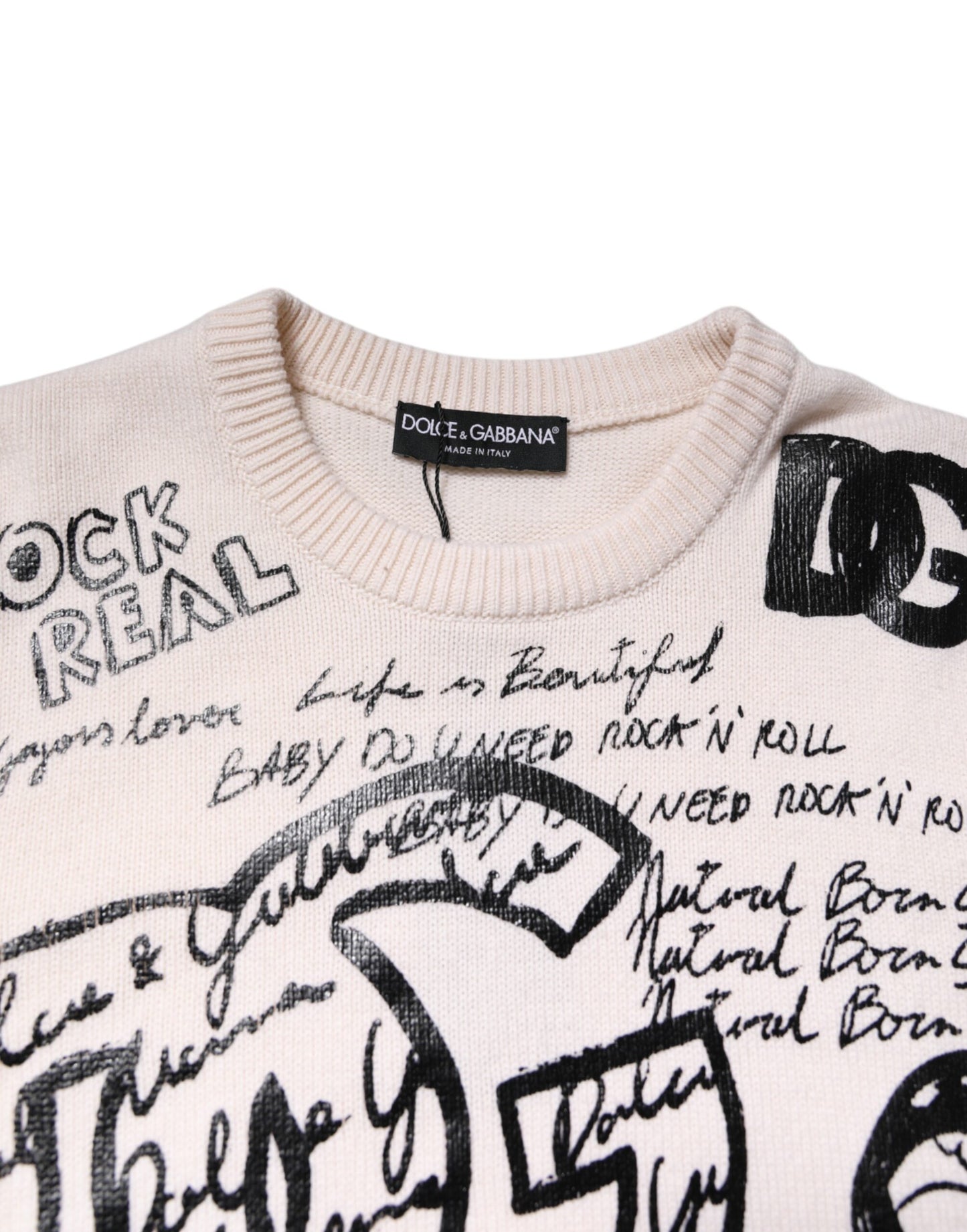 Pull en tricot pour femme Dolce & Gabbana, blanc et noir, imprimé logo.