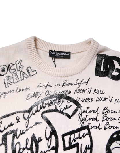 Pull en tricot pour femme Dolce & Gabbana, blanc et noir, imprimé logo.