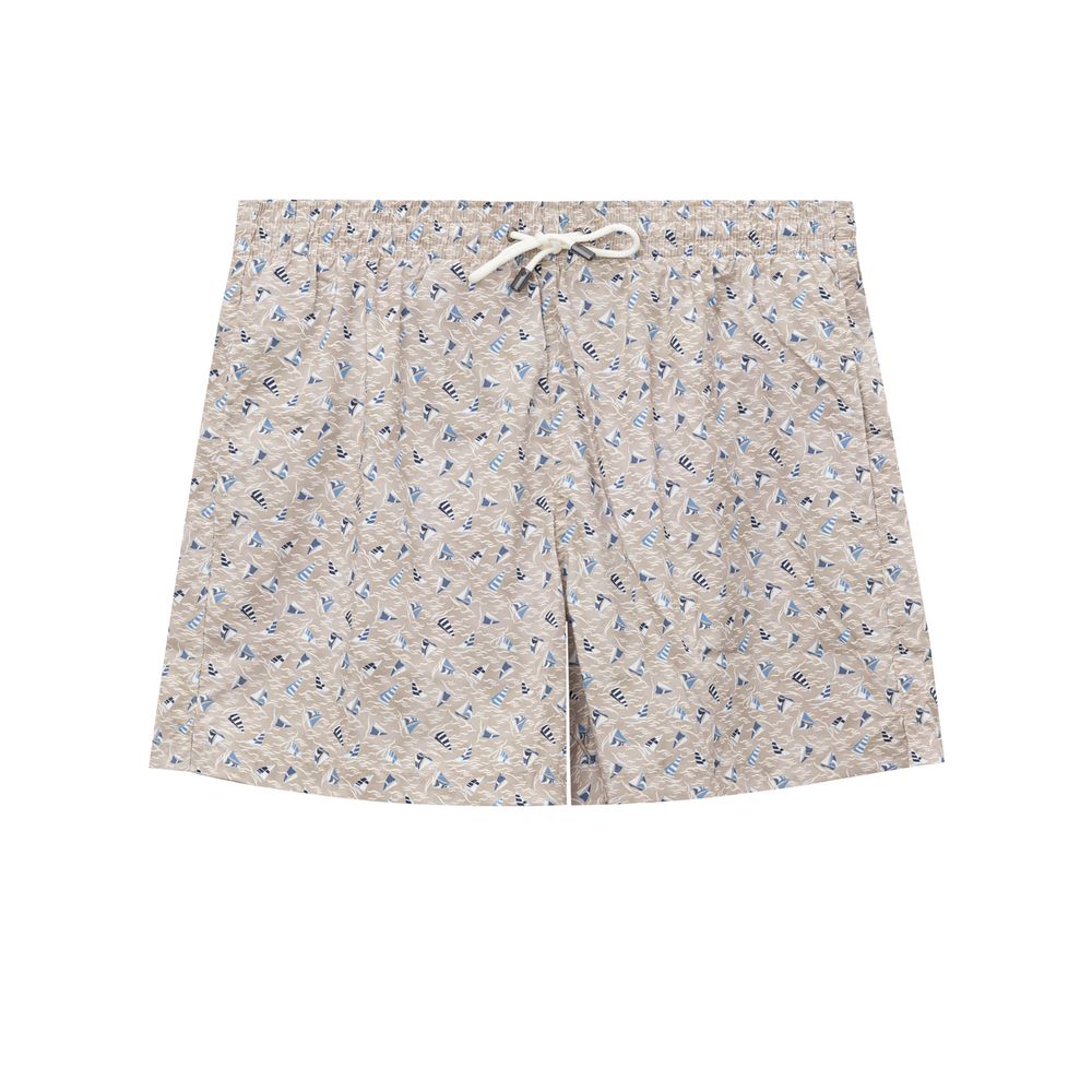 Canali Beige Polyester Swim Short with Sails Print