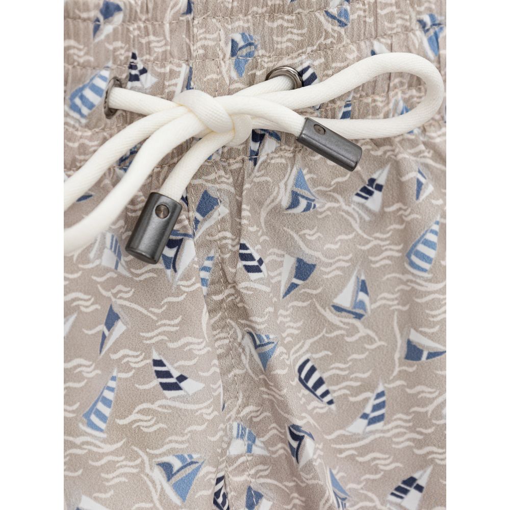 Canali Beige Polyester Swim Short with Sails Print