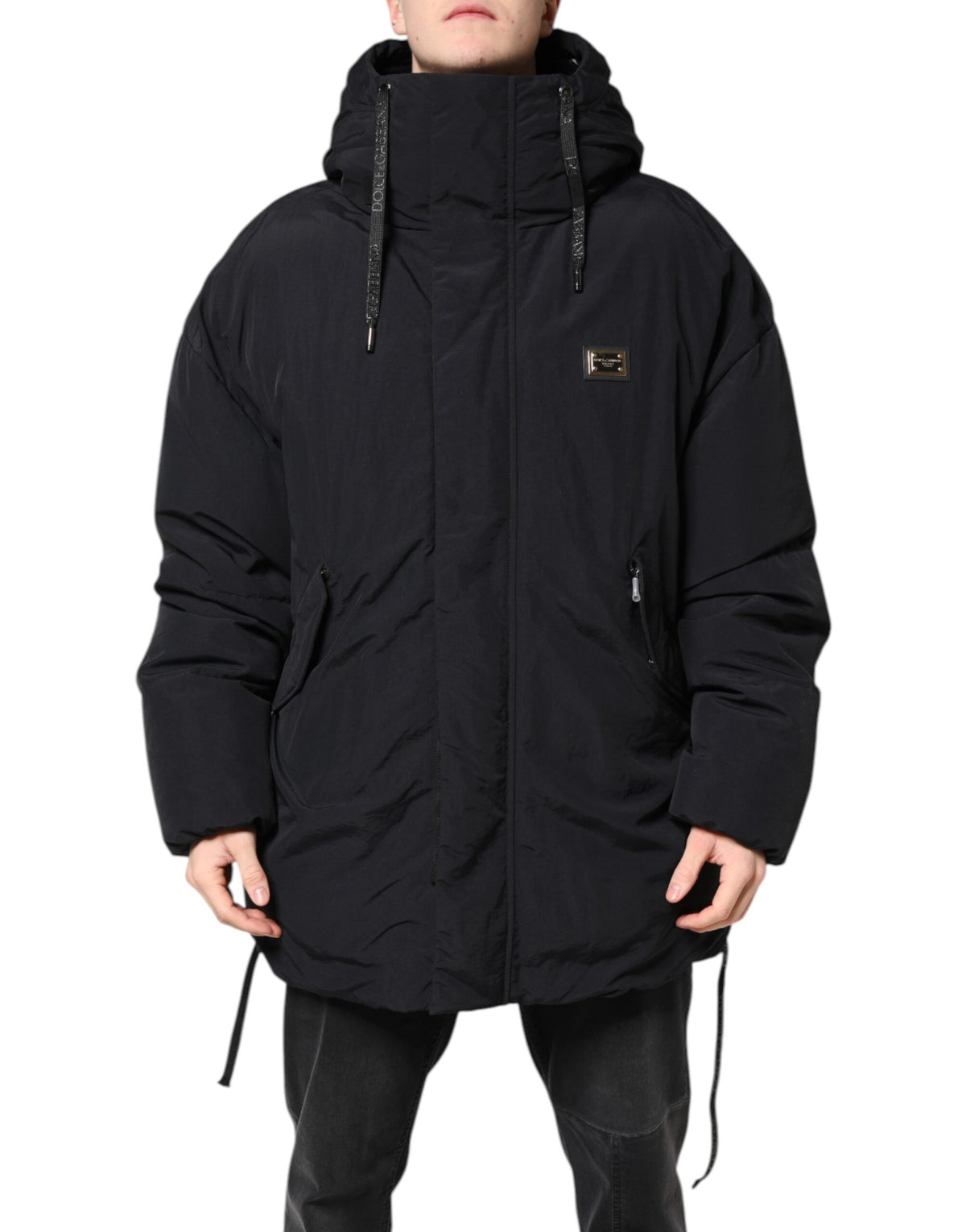 Parka à capuche zippée en nylon noir de Dolce & Gabbana