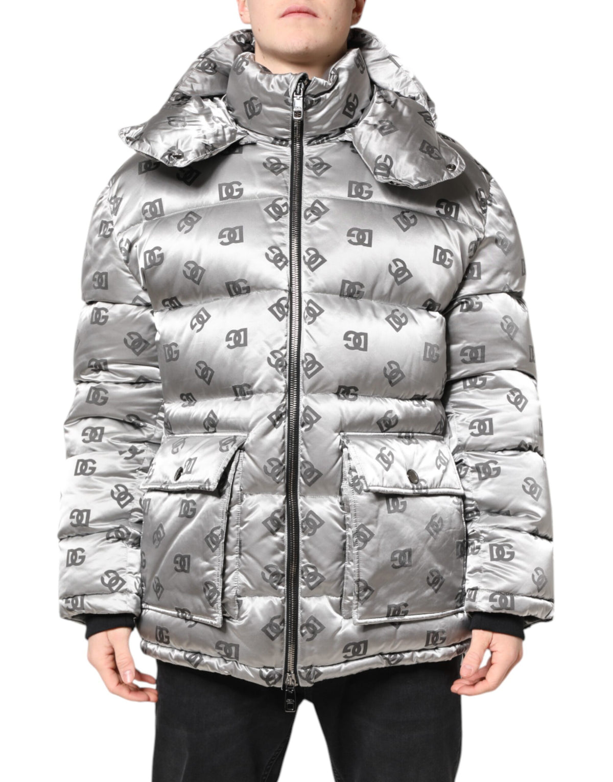 Veste matelassée à capuche zippée argentée avec logo Dolce & Gabbana