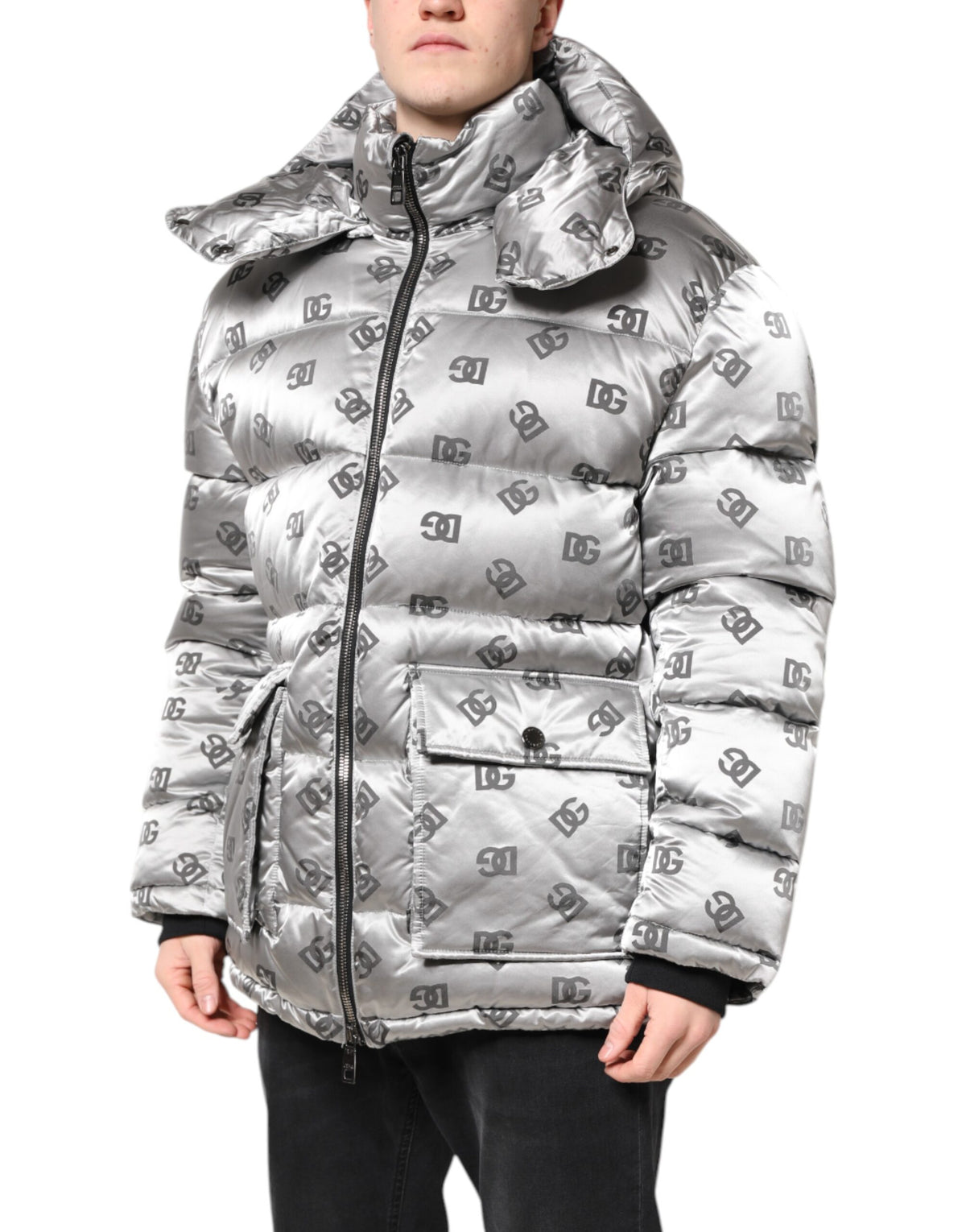 Veste matelassée à capuche zippée argentée avec logo Dolce & Gabbana