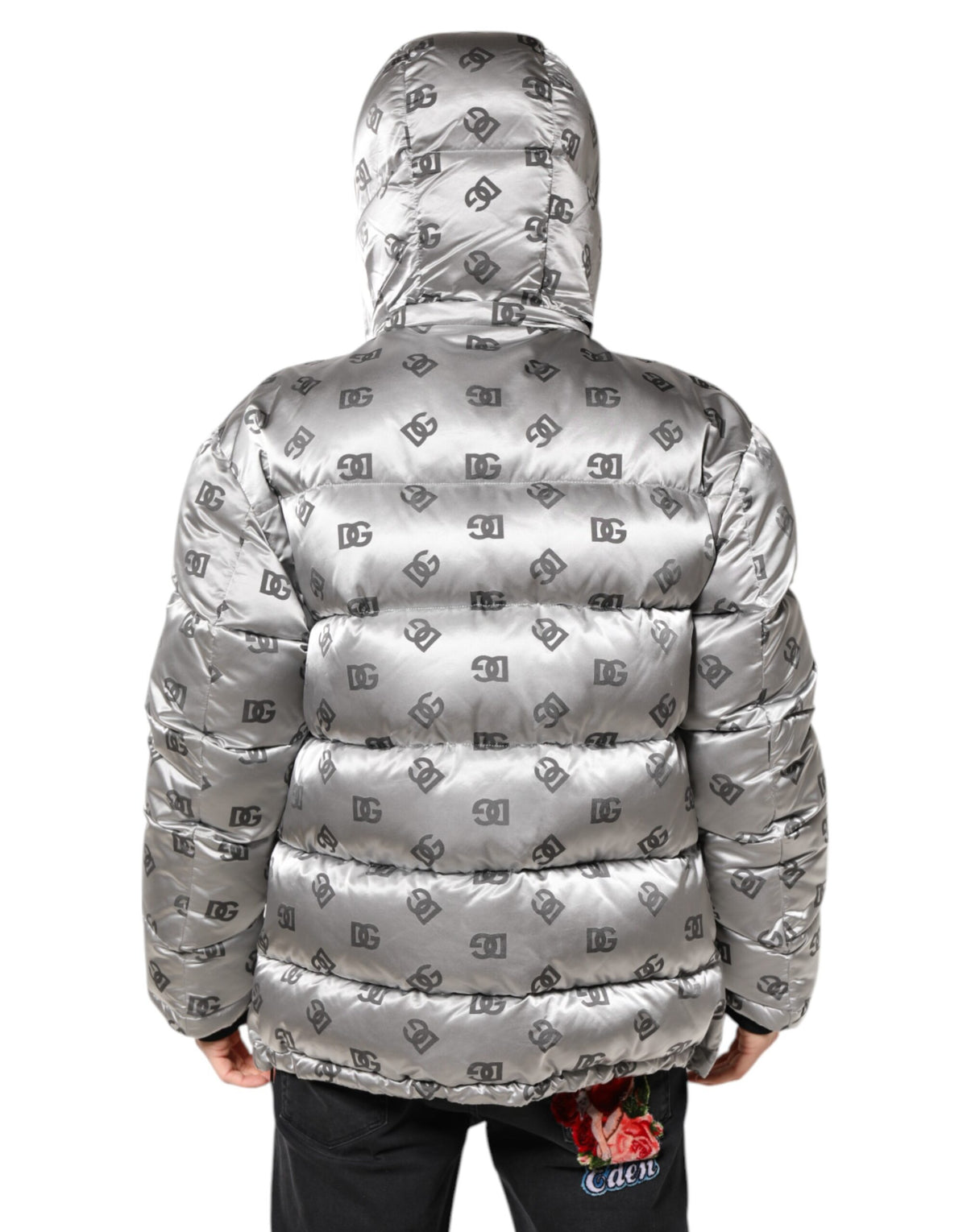 Veste matelassée à capuche zippée argentée avec logo Dolce & Gabbana