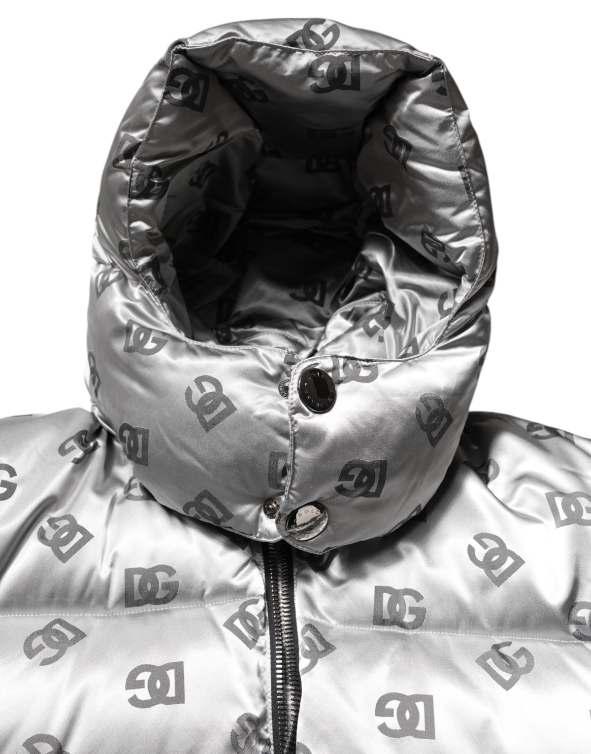 Veste matelassée à capuche zippée argentée avec logo Dolce & Gabbana