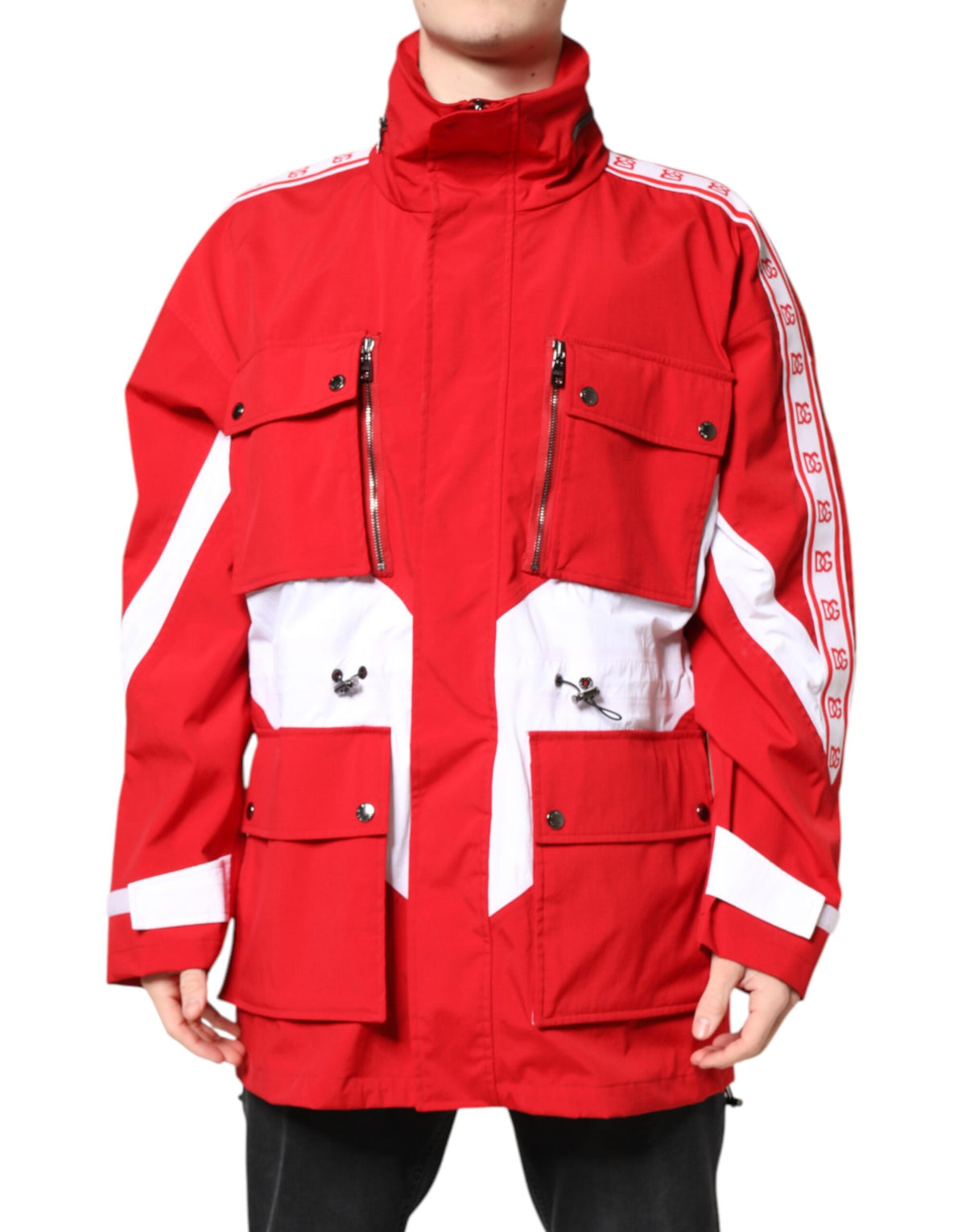 Veste coupe-vent à fermeture éclair intégrale en nylon rouge et blanc de Dolce & Gabbana