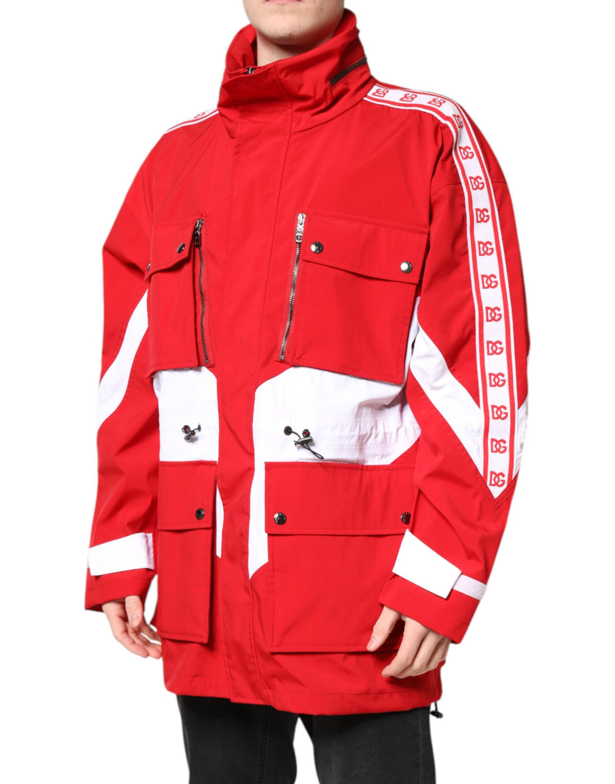 Veste coupe-vent à fermeture éclair intégrale en nylon rouge et blanc de Dolce & Gabbana