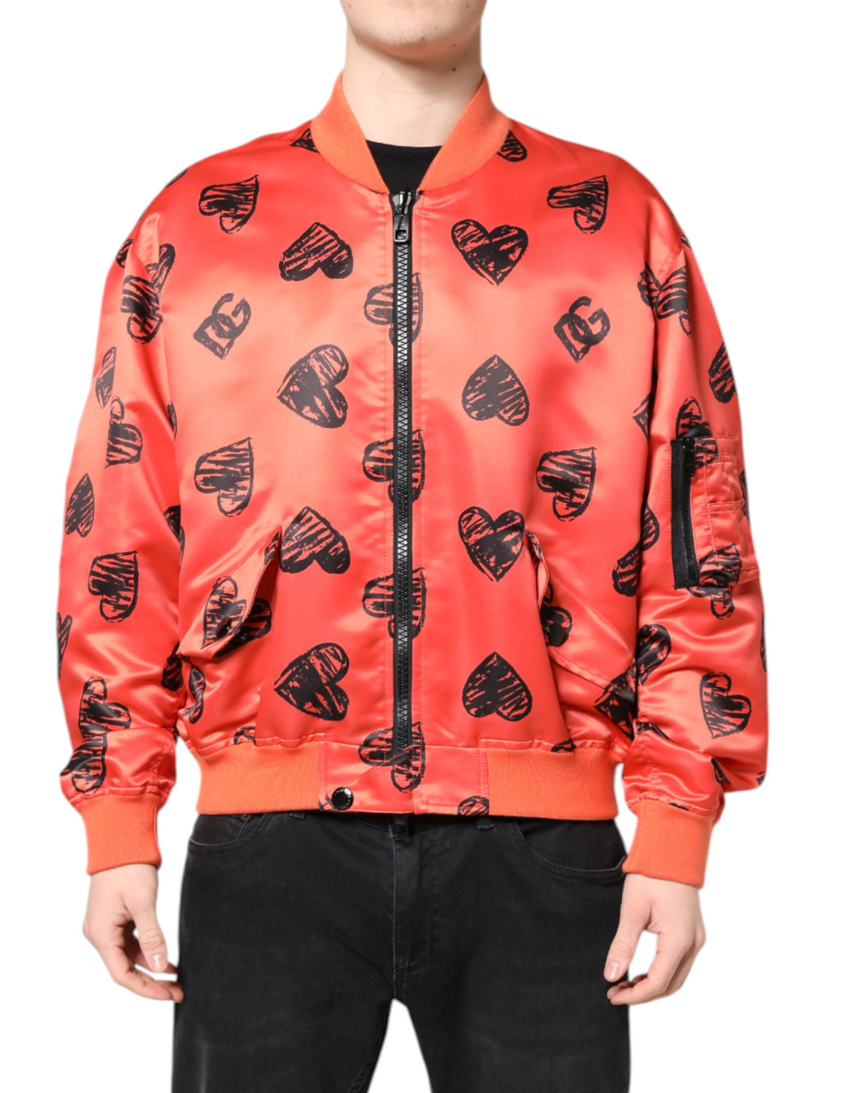 Bomber Jacket à Fermeture Éclair pour Homme, Orange, avec Cœur DG de Dolce & Gabbana