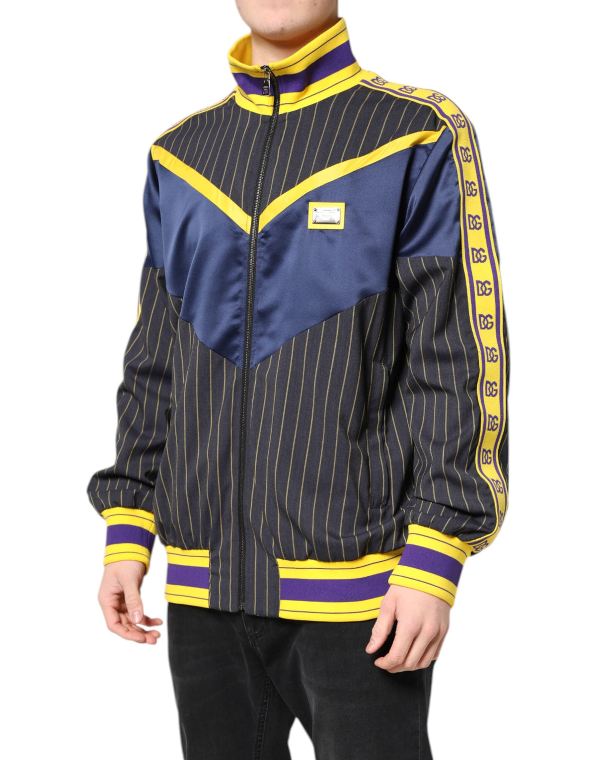 Bomber Jacket à Rayures Noires et Logo, Fermeture Éclair Complète, Dolce & Gabbana
