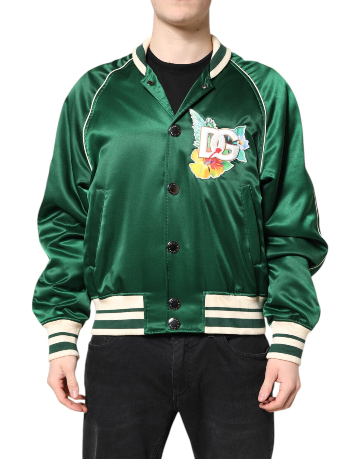 Veste bomber à fermeture éclair intégrale Dolce & Gabbana, motif floral vert et logo DG.