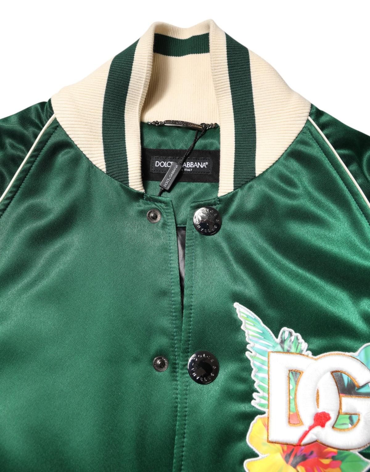 Veste bomber à fermeture éclair intégrale Dolce & Gabbana, motif floral vert et logo DG.