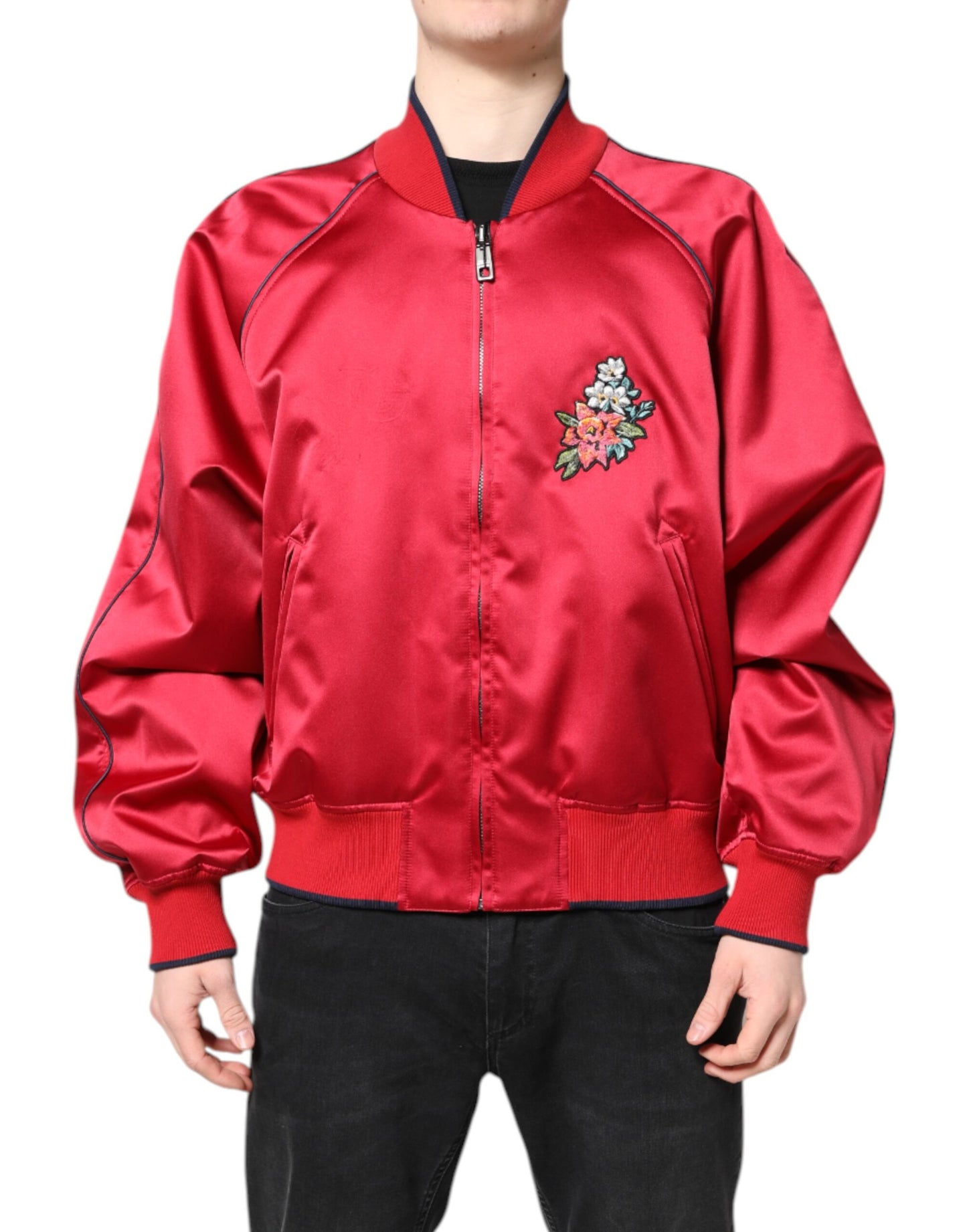Bomber Jacket à Fermeture Éclair pour Homme Dolce & Gabbana Rouge avec Motifs Floraux