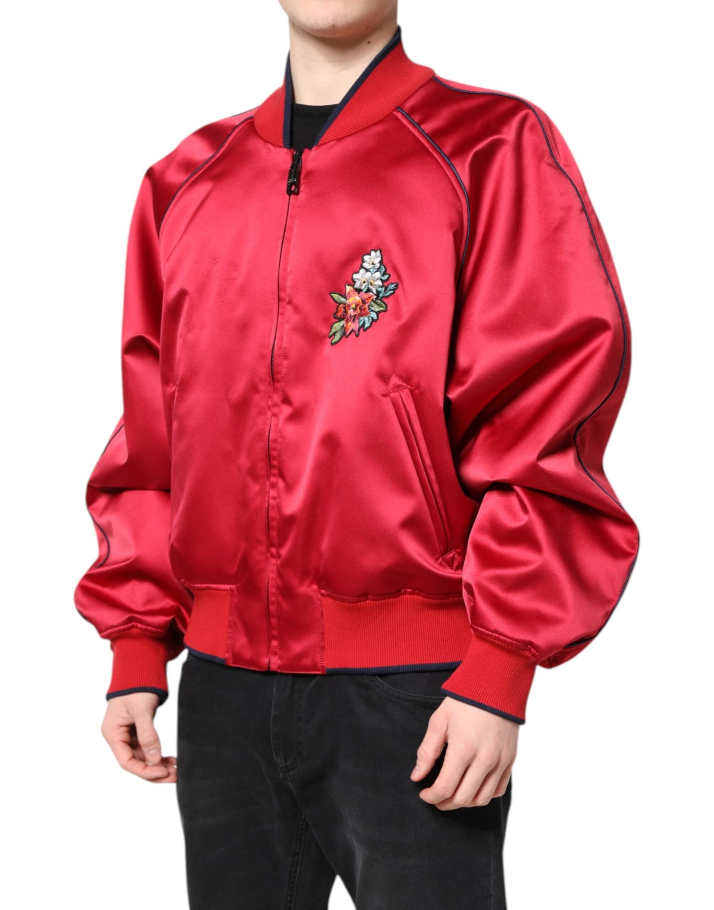 Bomber Jacket à Fermeture Éclair pour Homme Dolce & Gabbana Rouge avec Motifs Floraux