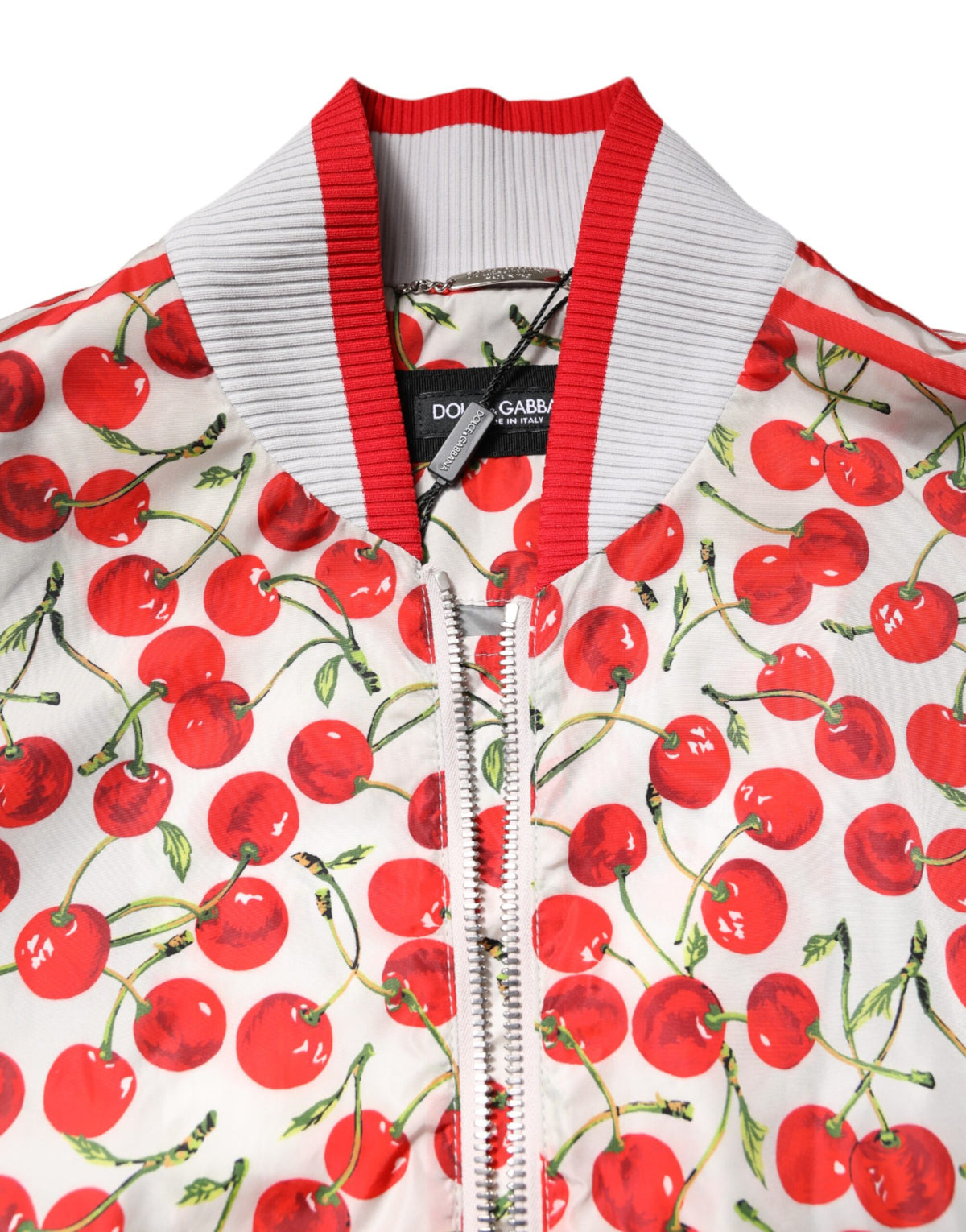 Bomber Jacket à Fermeture Éclair Entière avec Imprimé Cerise Blanche de Dolce & Gabbana