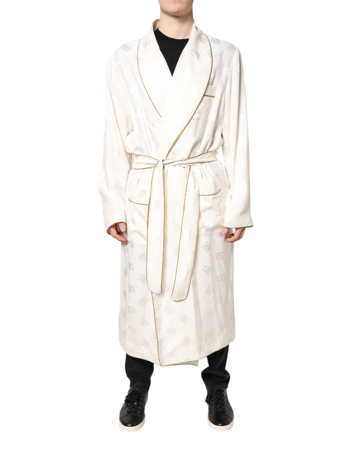 Dolce & Gabbana Manteau en Soie Écru avec Logo pour Hommes