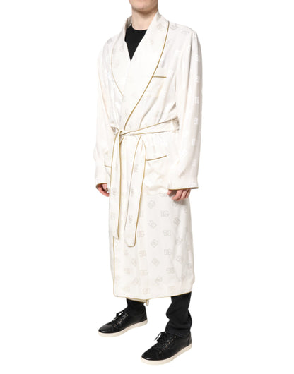 Dolce & Gabbana Ivory Silk Logo Men Wrap Robe Coat Jacket