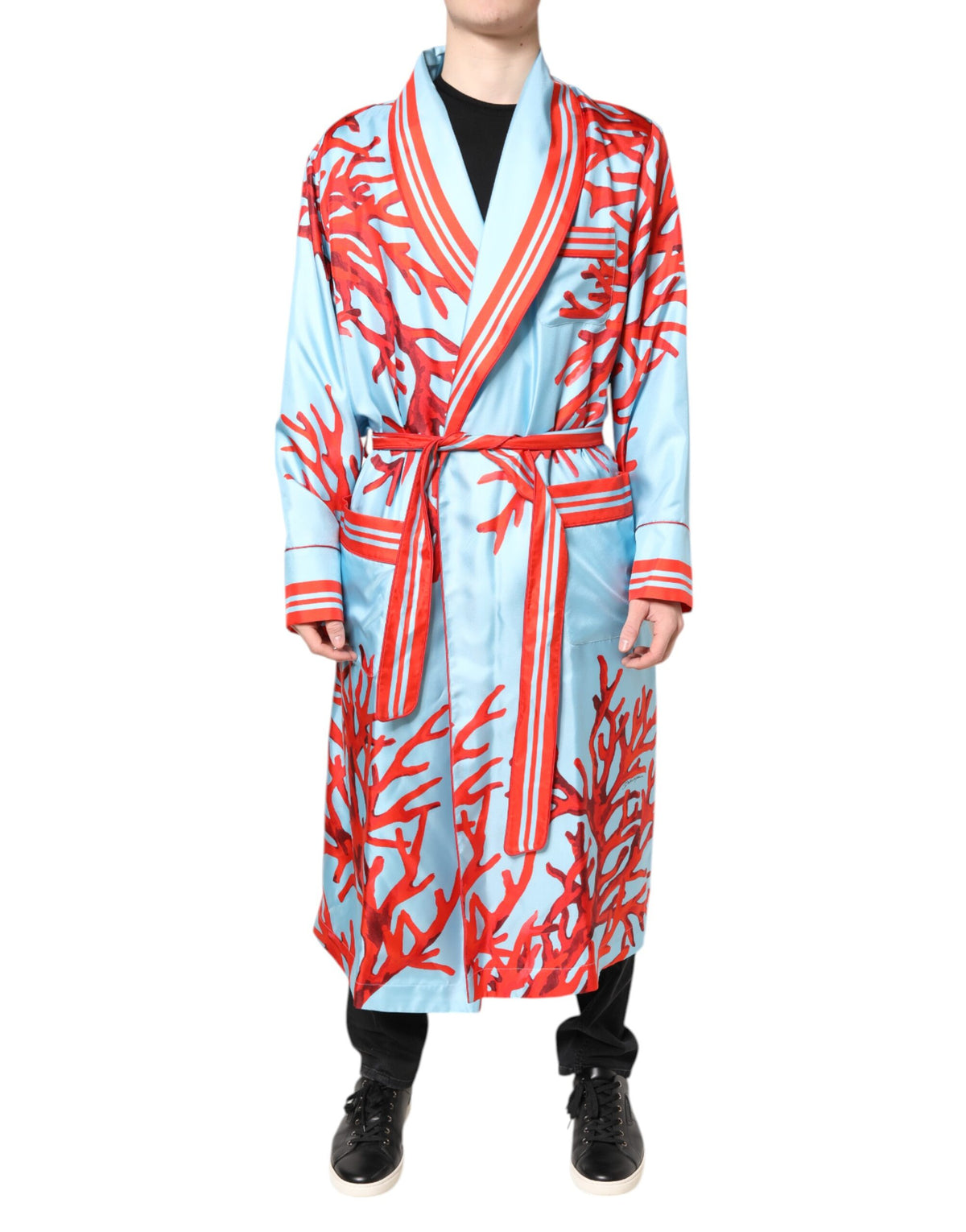 Dolce & Gabbana Light Blue Red Coral Print Wrap Robe Coat Jacket
